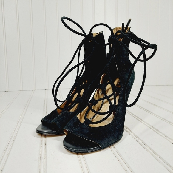 Saks Fifth Avenue Naylee Black Suede Tie Up Sandals Stiletto Heels I418 - Picture 2 of 14
